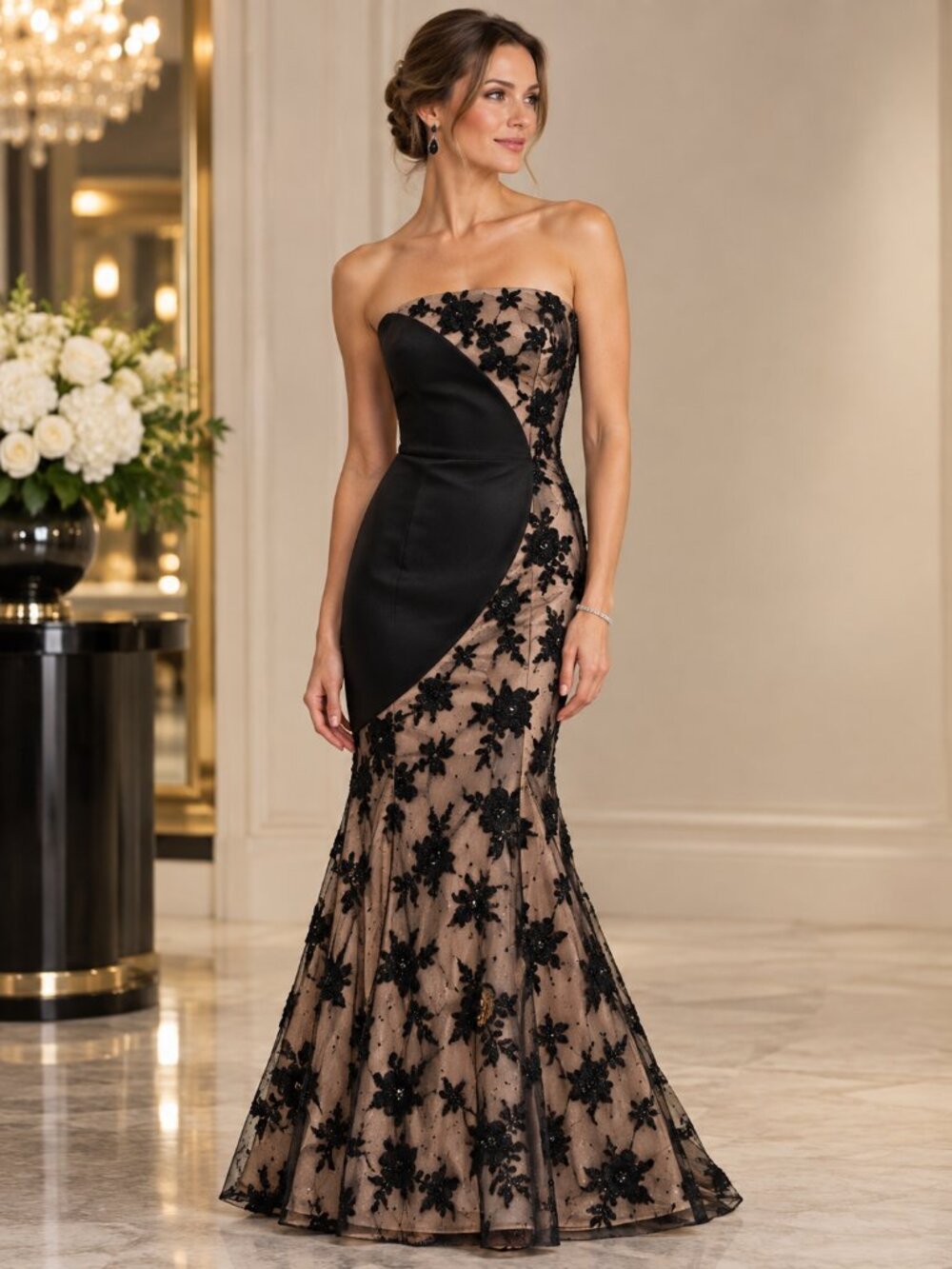 Cache Black Strapless Sequin Floral Mesh Mermaid Evening Gown Dress 8